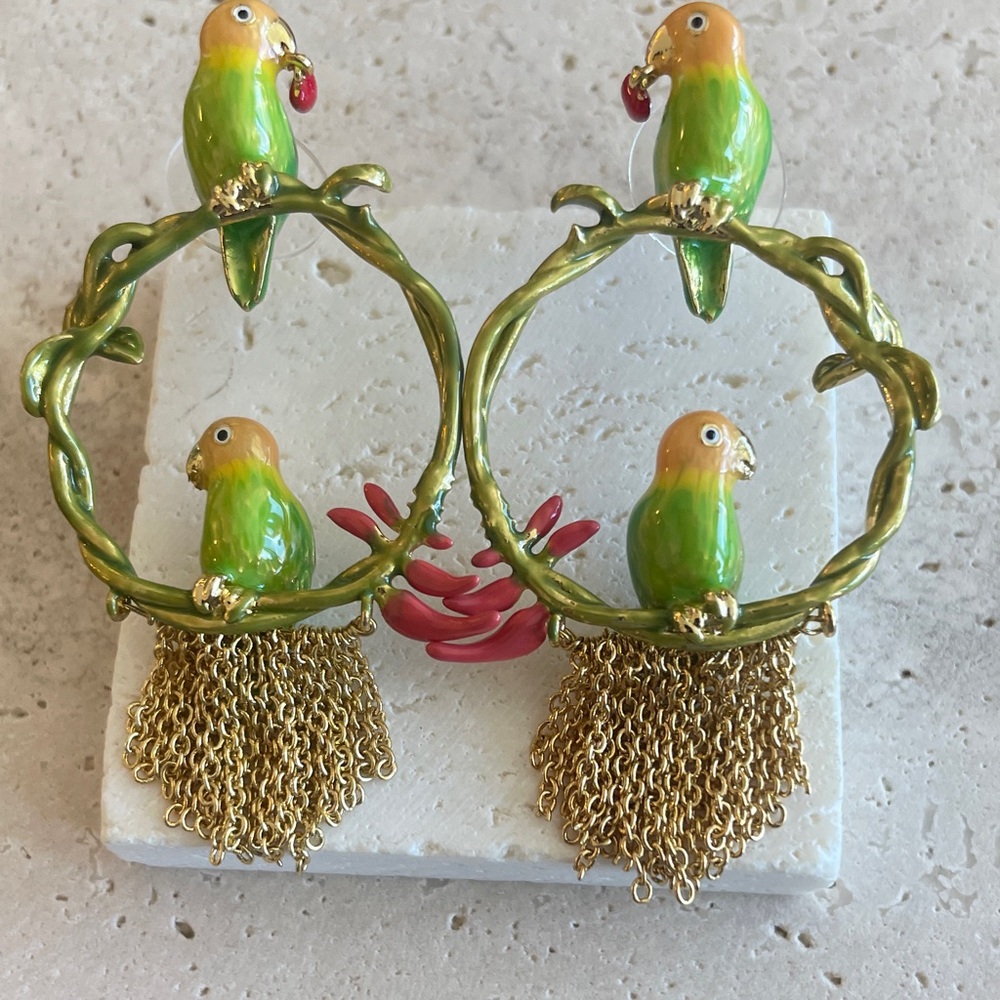 Les Nereides Green Parrot Hoop Earrings With Gold Chains